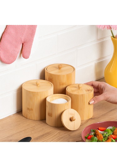 Porsima 4361 Bambu Çok Amaçlı Saklama Kabı Organizer 4lü Baharat Seti Bambu