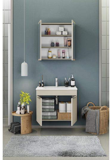 Biani Fix Loft 75 Cm Banyo Dolabı,Seramik Lavabolu, Aynalı,Lavabo Dahil,Mdf,Latte