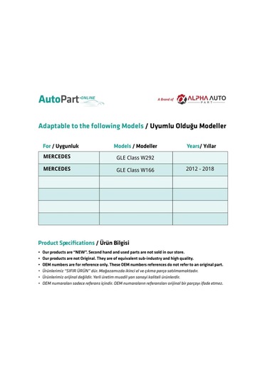 Mercedes Gle Class W292, W166 İçin Sunroof Ayak Tamir Seti- 72 Cm