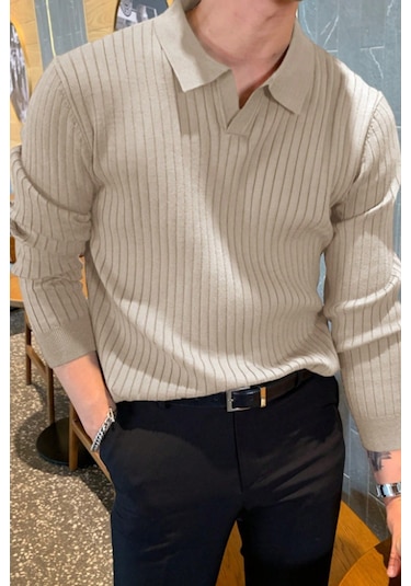 Cool Tarz Erkek Polo Yaka Triko Kazak Slim Fit Fitilli Bej