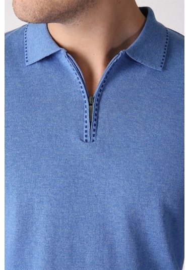 Ferraro A.Havacı Polo Yaka Fermuarlı Erkek Pamuk Kazak Mavi