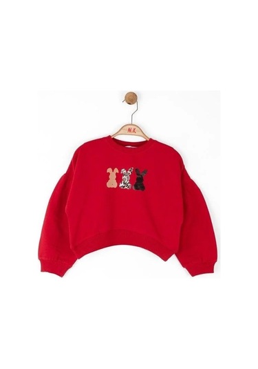 Kız Çocuk Pamuklu Orta Kalınlık Tavşan Baskılı Sweatshirt-14716 Kırmızı