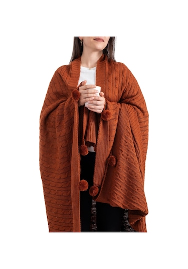 Ponponlu Triko Örme Tv Battaniyesi Koltuk & Omuz Şalı & Diz Battaniyesi 130x170 Cm-kiremit-terra Kiremit