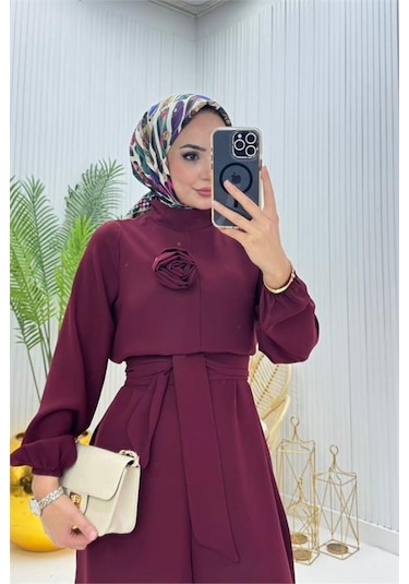 Kadın Bordo Kuşaklı Gül Detaylı Salaş Tulum Dpnms003 Bordo