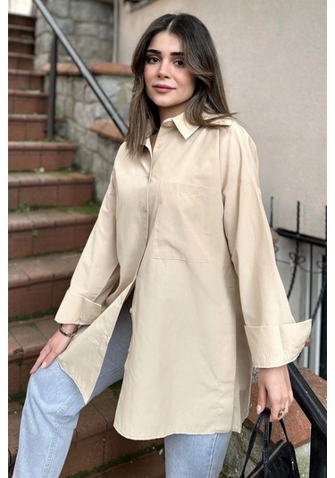 Kadın Bej Terikoton Kumaş, Yırtmaçlı, Rahat Uzun Gömlek Bej