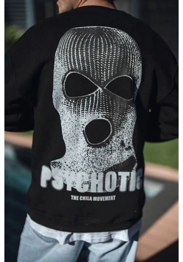 Kışlık Bisiklet Yaka Baskılı Sweatshirt - Siyah Siyah