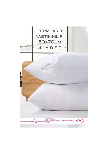 4 Adet Fermuarlı %100 Pamuklu Beyaz Yastık Kılıfı, Yastık Astarı, Yastık Şiltesi, Yastık İçi Beyaz