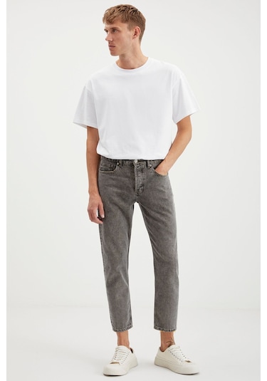 Gılberto  Erkek Carrot Fit Havuç Paça Eskitme Yıkamalı Kalın Dokulu Denim Gri Jeans