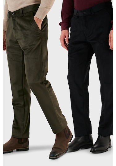 Buratti Normal Bel Regular Fit Düz Paça 2'Li Paket Erkek Kadife Pantolon 645Merlins2 Haki-Siyah