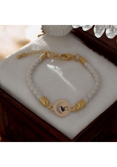 Archin Atatürk Temalı Doğal Beyaz Derili Ay Motifli 14 Ayar Altın Plakalı Hediye Bileklik-477sembol Atatürk Temalı