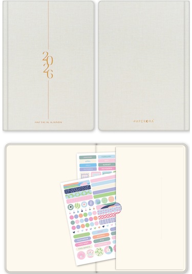 2026 A5 Keten Haftalık Ajanda 12 Aylık Krem Krem