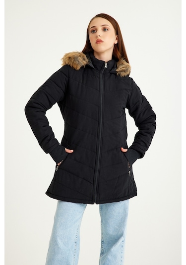 Barbora Kışlık Eldivenli Kapüşonlu Kürklü Kadın Şişme Mont Bt121siyah5 001