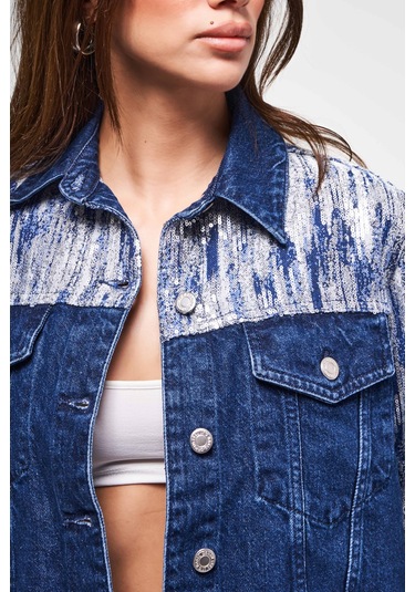 Kadın Mavi Renk 1w5-4 Oversize Pullu Özel Kumaş %100 Koton Tasarım Denim Ceket
