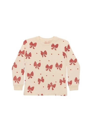 Ekru Renk Kırmızı Fiyonk Baskılı Kız Çocuk Pijama Takımı Ekru