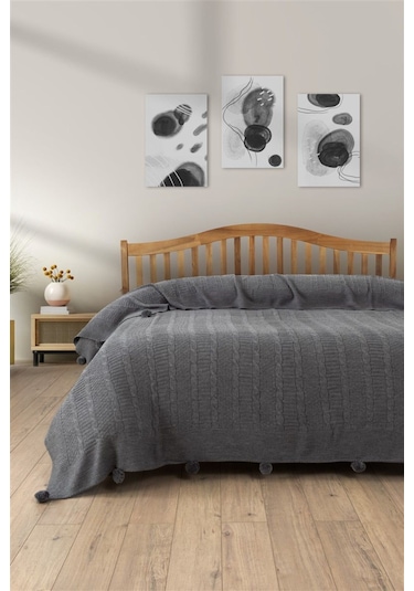 Çift Kişilik Ponponlu Triko Örme Battaniye Koyu Gri