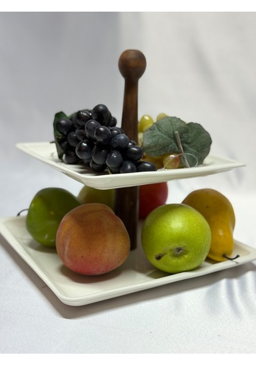 Aless 2 Katlı Tasarım Ahşap Porselen Sunumluk Meyvelik Çere