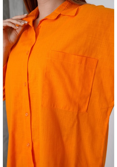 Paw Garage Kadın London Keten Tek Cepli Oversize Gömlek, Premium Kalite Keten Gömlek Turuncu