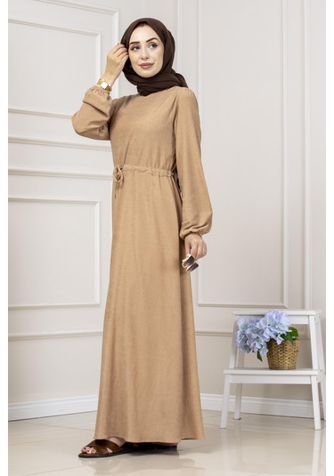 Beli Tünelli Fitilli Aslı Elbise-vizon-5464 Vizon