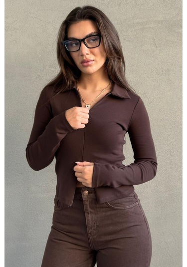 Kahverengi Polo Yaka Çift Fermuarlı Slim Fit Kadın Body Mg2652 Kahverengi