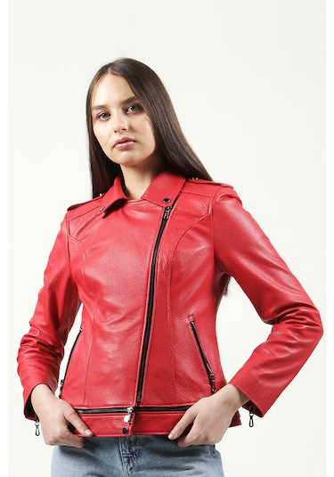 Dericlub Yb-Rm416 Croko Baskılı Gerçek Deri Kadın Mont Kırmızı