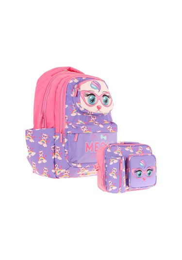 Kaukko Kız Çocuk 3d Kedi Şekilli Mor Pembe Okul Sırt Çantası Ve Isı Yalıtımlı Beslenme Çantası Seti Mor - Pembe