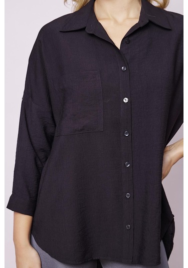 Kadın Keten Görünümlü Kolu Katlanabilir Rahat Kesim Uzun Tunik Gömlek-siyah Siyah