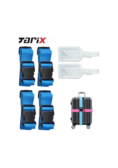 Tarix 4 Adet Mavi Valiz Kemeri + 2 Adet Beyaz Valiz Etiketi Mavi