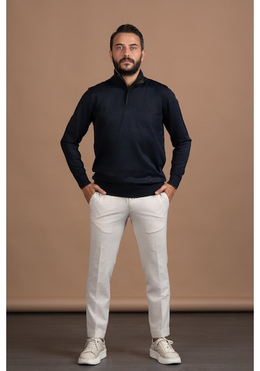 Fermuarlı Balıkçı Yaka Polyamid Kumaş Mevsimlik Triko Kazak Lacivert