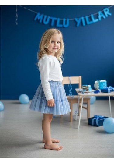 Zekids Kız Bebek Beli Lastikli Katkat Mavi Tütü Etek-16544 Mavi