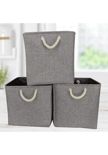 Leezsing Büyük Katlanabilir Kumaş Keten Saklama Kutuları 3'lü Set Raflar, Dolaplar İçin Keten Halat Saplı Katlanabilir Sağlam Dikdörtgen Sepetler Gri Renk