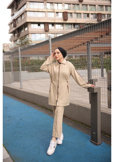 Tesettür Eşofman Takımı Fermuarlı Ikili - Tunik Pantolon Bej 474 Bej