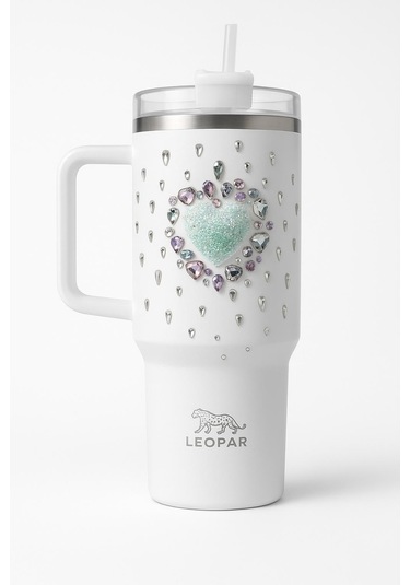 Pipetli 1,2 Litre Kulplu Çelik Termos Renkli Üzeri Taş İşlemeli - Beyaz Beyaz