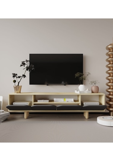 Lazio Bohem Ahşap Ayaklı Tv Ünitesi Tv Sehpası Safir Meşe-antrasit
