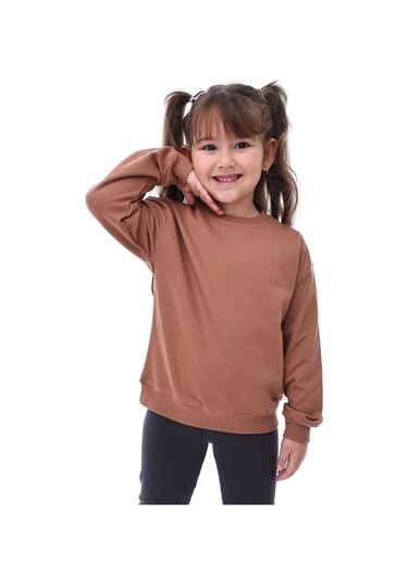 Basic Bisiklet Yaka Şardonlu Çocuk Sweatshirt 3-10 Yaş Krem Kahverengi