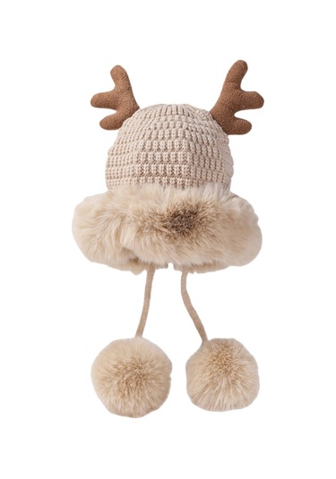 Kadınlar İçin Şık Noel Temalı Örgü Kulaklıklı Bere Renkli Boynuz Detaylı Sıcak Kış Şapkası Bej