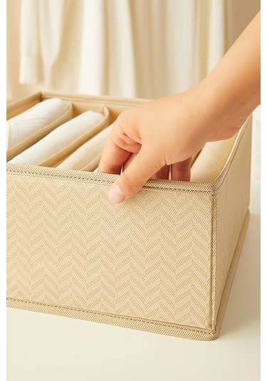 Ocean Home Textile 2'li 6 Bölmeli Bej Balıksırtı Desenli Çekmece İçi Düzenleyici Kutu Set 28 x 28 x 13 cm