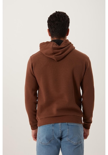 Erkek Kapüşonlu Kanguru Cep 3 İplik Sweatshirt Kahverengi
