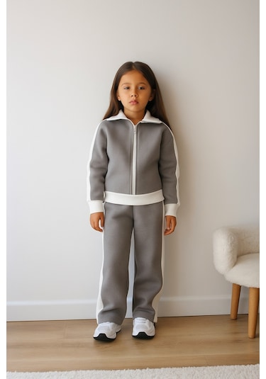 Kız Çocuk 3 İplik Şardonlu Beyaz Şeritli Alt Üst Takım Yaka Yarım Fermuarlı Gri