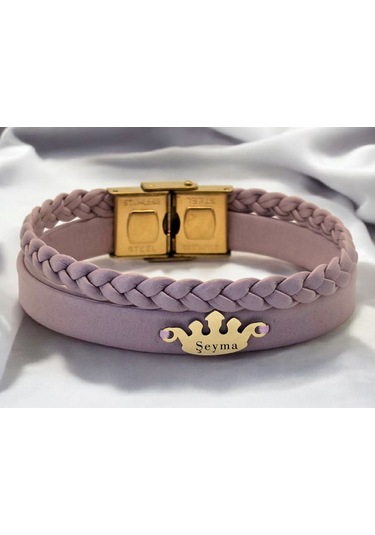 Archin Şeyma İsmine Özel Taç Figürlü 14 Ayar Altın Plakalı Doğal Mor Derili Hediye Bileklik-637isim Şeyma