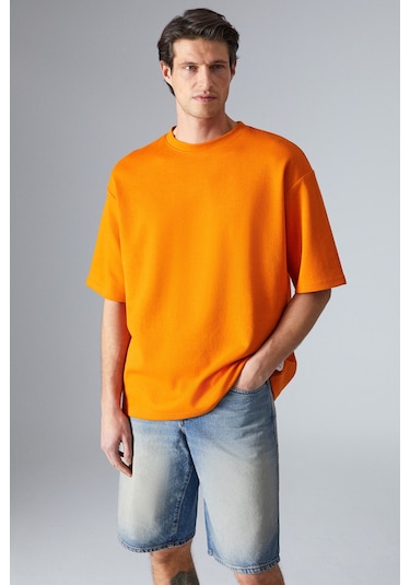 JOEL Erkek %100 Organik Pamuklu Kalın Kumaşlı Özel Dokulu Etiket Detaylı Oversize Turuncu T-Shirt