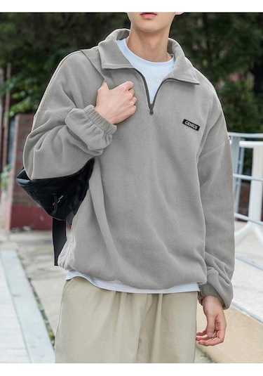 Genıus Store Erkek Polar Oversize Sweatshirt Polar Sweatshirt Gri