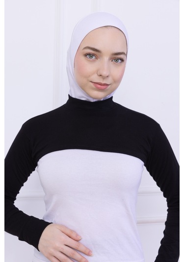 Balıkçı Yaka Boyunluklu Kolluk Siyah - Likralı Dik Yakalı Kadın Body Tesettür Crop Bolero Siyah