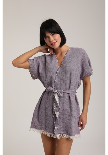 Life For Moda Kadın Kuşaklı Müslin Pareo Kimono P 80 Mor