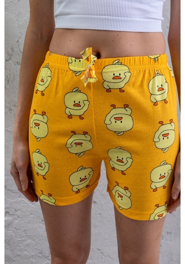 Giysa Kadın Beli Lastikli Desenli Şort Pijama Altı Sarı - 2027 Sarı