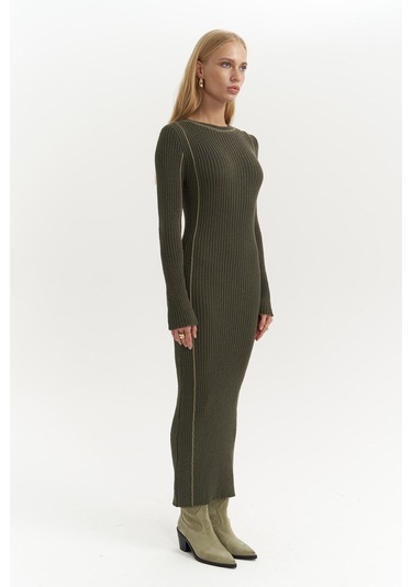 Aston Çizgi Detay Haki Triko Elbise Haki