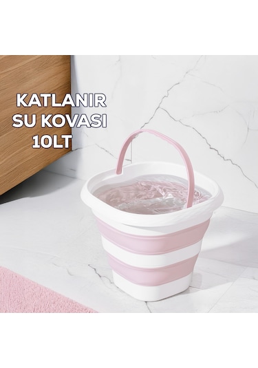 Porsima 1175-1 Damla Katlanabilir Silikon Su Kovası Pudra Beyaz Beyaz - Pembe