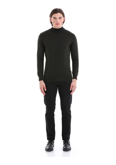 Hatemoğlu Haki Regular Fit Düz Yarım Balıkçı Yaka Yünlü Triko Kazak Haki