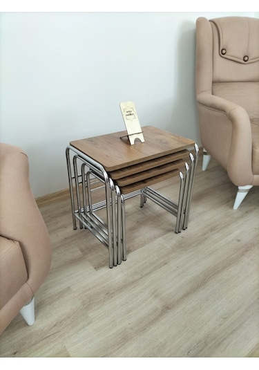 Evko Mobilya Buket Sehpa, 4'lü Zigon Sehpa, Dörtlü, Krom-ceviz