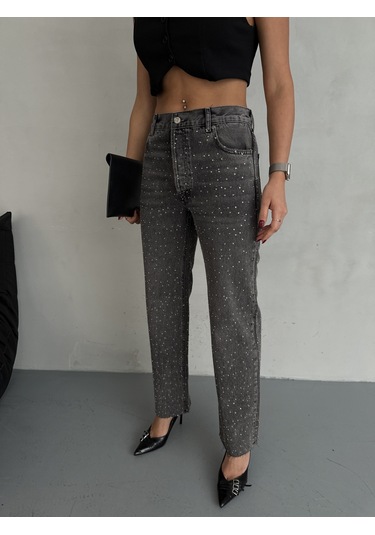 Kadın Taşlı Premium Gri Kot Pantolon Gri