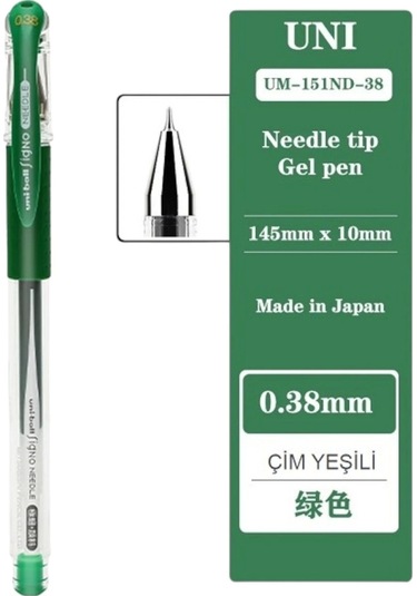 Uniball Signo Needle 0.38 İğne Uçlu Jel Kalem Çim Yeşili Üç Adet